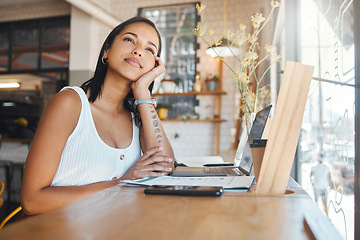 Image showing Coffee shop, working and woman thinking of ideas at a table. Daydreaming entrepreneur, student or remote worker taking break from laptop. Thoughtful woman in cafe looking at outside view from window.