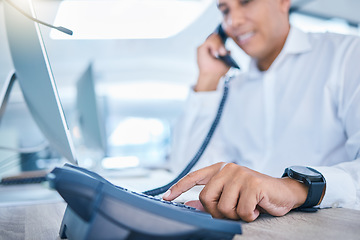 Image showing Call center business, administration consultant and sales man networking, talking and consulting on phone for crm telemarketing. Customer service support, service and communication contact for help