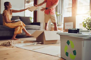 Image showing Earth, sustainability and recycling, eco friendly couple in home waste management. Man and woman sort paper and plastic to recycle. Conservation, nature, and environment, saving the planet for future