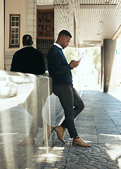 Image showing Networking, phone call and businessman in city reading email, schedule agenda or social media. Manager employee working, thinking or texting online while standing outside the office building