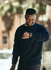 Image showing Business man, park and watch timer for return commute to office. Happy corporate employee checking time outside in the city. Smiling working person outdoors with isolated background in town