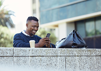 Image showing Business man working on 5g phone, social media for communication and chatting on messaging app on smartphone in urban city. Happy corporate professional worker smile at email and traveling to office