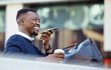 Image showing Happy black man talking on phone, travel for business in a city, sitting outside while using tech to communicate. Carefree African American planning, asking Siri assistance, voice to text audio memo