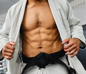 Image showing Sexy body of karate man, martial arts coach and strong personal trainer training for fitness in sports gym and health studio. Taekwondo warrior, bodybuilder and athlete for challenge, power and fight