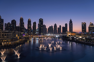 Image showing Unique view of Dubai Dancing Fountain show at night.