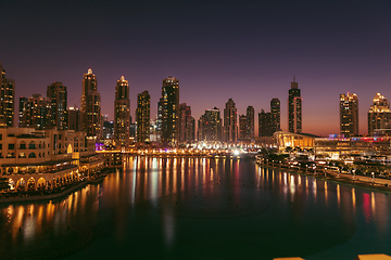 Image showing Unique view of Dubai Dancing Fountain show at night.