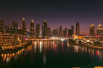 Image showing Unique view of Dubai Dancing Fountain show at night.