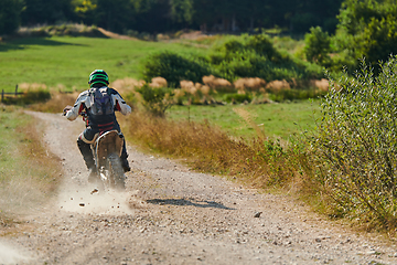 Image showing A professional motocross rider exhilaratingly riding a treacherous off-road forest trail on their motorcycle.