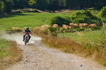 Image showing A professional motocross rider exhilaratingly riding a treacherous off-road forest trail on their motorcycle.