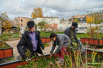 Image showing A modern family parents and children, is working together to beautify their front yard with flowers in preparation for the upcoming holiday season.