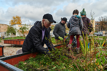 Image showing A modern family parents and children, is working together to beautify their front yard with flowers in preparation for the upcoming holiday season.