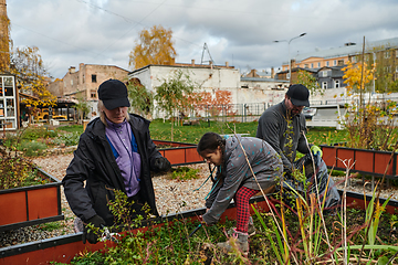 Image showing A modern family parents and children, is working together to beautify their front yard with flowers in preparation for the upcoming holiday season.