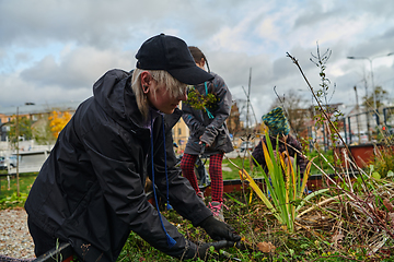 Image showing A modern family parents and children, is working together to beautify their front yard with flowers in preparation for the upcoming holiday season.