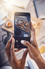 Image showing Phone, brunch and social media influencer at breakfast blogging or vlogging her food at a restaurant business. .Content creator and photographer posts bread with toast, lunch and creative meal ideas