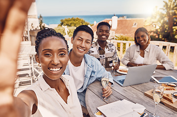 Image showing Selfie of business people at restaurant having a collaboration marketing discussion with laptop and champagne glasses or wine to celebrate project goals. Happy friends or workers at staff party event