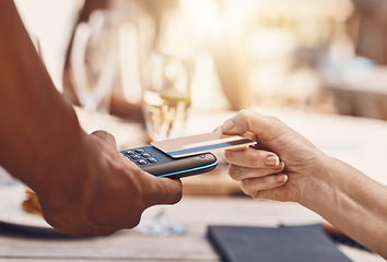 Image showing Credit card payment by a retail customer at a store paying using digital money or cash technology on portable machine. Security, safety and hands of sales worker helping woman shopping at a business