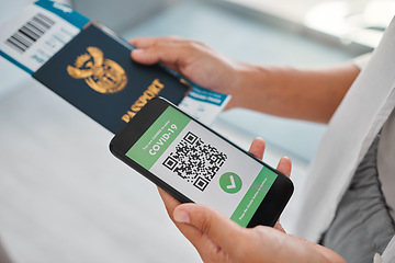 Image showing Covid travel passport, digital qr code certificate on phone for vaccine health and airport security identity document. Refugee and passenger immigration with mobile app for corona virus safety data