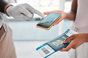 Image showing Covid travel passport, digital qr code certificate on phone for vaccine health and airport security identity document. Refugee and passenger immigration with mobile app for corona virus safety data.