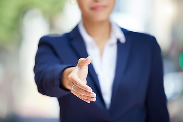 Image showing Networking, welcome handshake and deal of business manager hiring contract, partnership and meeting in city. Corporate leader shaking hands with trust, consulting for support and b2b sale success.