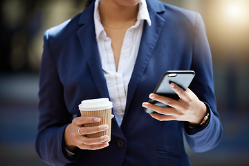 Image showing Coffee break and phone in hands of a business woman reading email, online internet notification or communication for contact us background. Corporate marketing professional worker with a cellphone