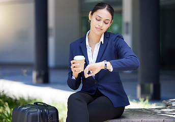 Image showing Time, travel and schedule with business woman looking at watch fo deadline, check the hour for traveling, an appointment or meeting. Discipline, timing and city entrepreneur to start the day