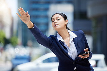 Image showing Business woman stop to call uber, taxi or cab in road for travel, transport and commute to work destination. Young corporate, professional entrepreneur and worker taking a trip in urban city street