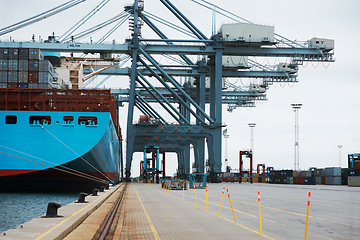 Image showing Cargo, ship and logistics shipping for global delivery of manufacturing service. Industrial harbor boat with containers for export, freight and transport of stock for retail storage and distribution