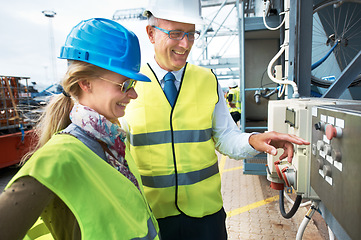 Image showing Supply chain, shipping and logistics with a manager and engineer working on a harbor in the export and import industry. Manufacturing, safety and management with industry workers operating machinery