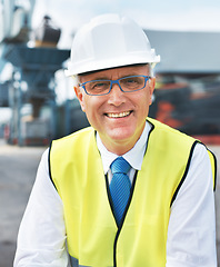 Image showing Construction worker, engineer or logistics manager portrait at a shipping warehouse for manufacturing industry. Happy leader man with a vision, goal or mindset for success in cargo industrial company