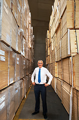 Image showing Supply chain, industry and management with leader looking proud in a warehouse, stock and product control. Mature manager checking supply, doing inventory in manufacturing factory with package orders