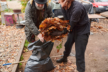 Image showing Father-daughter duo bonding in the garden as they work together to collect fallen leaves and fill up a bag on a crisp autumn day.