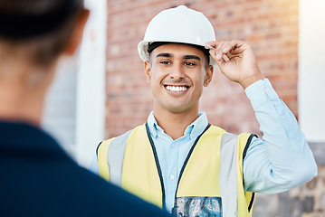 Image showing Building, construction and architecture worker with a happy smile ready to start work. Maintenance contractor, builder logistics and building construction worker feeling motivation for a job project