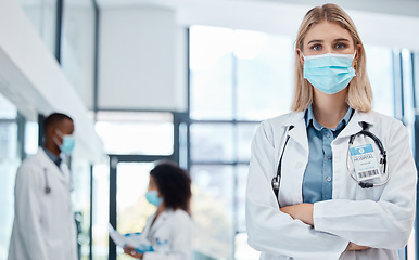 Image showing Doctor, healthcare worker and medical professional with covid mask to protect from virus risk working in hospital. Portrait of an expert, proud and face of nurse in medicine career for service