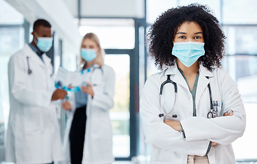 Image showing Doctors, medical and covid healthcare worker in a hospital, doctor office or clinic. Portrait of a woman health consultant with a mask ready for a patient consultation, surgery or consulting help