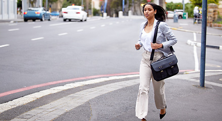 Image showing Running, stress or late business woman in hurry with bag missing job interview, meeting or startup pitch idea in downtown city. Fear, anxiety or risk creative entrepreneur or designer moving in town