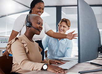 Image showing Happy manager help call center agent on computer while talking, discussing or negotiating deals, sales or promotions for customer. Black office team leader support learning intern with client on tech