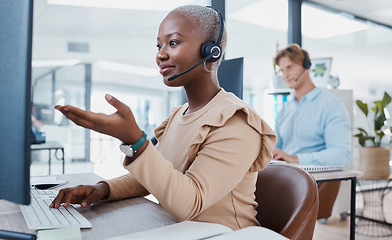 Image showing Call center, customer service and support with an agent working to help on a call online in her office. Contact us, telemarketing and consulting with a consultant in a headset giving helpful advice