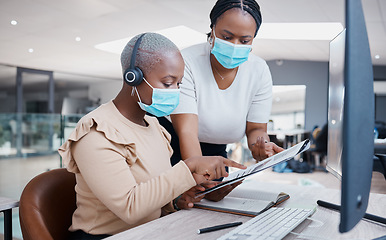 Image showing Business woman with documents and manager during covid work on global internet marketing data or team financial chart. Business people with trust and support in management at office desk and computer