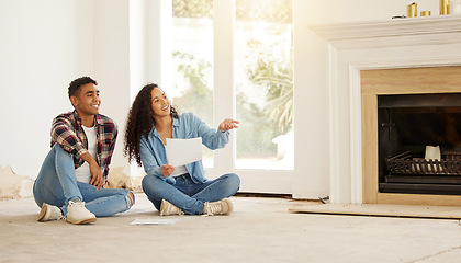 Image showing Real estate, investment and planning, couple with DIY renovation plan for new family house with mortgage. Man and woman and happy first time homeowners, with financed home loan for dream property.