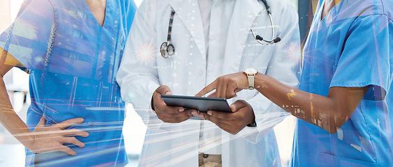 Image showing Healthcare, innovation and medical network with a group of nurses and a doctor using tablet to discuss ideas or health information database. Diversity, teamwork and future technology in a hospital