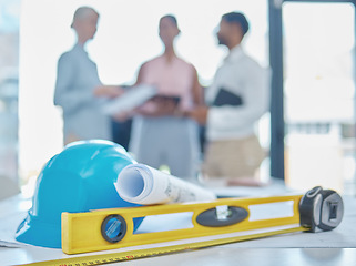 Image showing Equipment or architecture tools in an office of engineers planning during a meeting in a boardroom. Drawing or blueprint project on a workplace desk or table for construction design