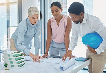 Image showing Architect team, 3d and blueprint table for project design illustration evaluation in boardroom. Construction professionals discuss efficiency of industrial model plan for building architecture.