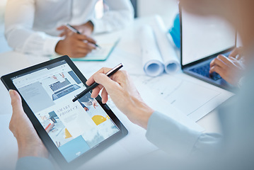 Image showing Marketing, advertising and creative design on a tablet screen in the hand of a business woman working in her office. Technology, online and digital product with a web or graphic designer at a company