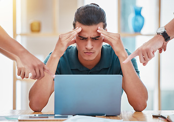 Image showing Stress, anxiety and burnout of business man in busy, difficult and frustrated office. Working with headache from deadline, tax audit and job challenge with risk of depression, crisis and 404 mistake