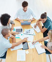 Image showing Team, collaboration and documents of business people in teamwork strategy, planning and meeting at the office. Group of workers in research and development for design and marketing with technology.