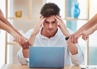 Image showing Business man with stress, anxiety and burnout in busy, demanding and frustrated office. Headache from deadline, poor time management and work challenge risk with depression, crisis and 404 mistake