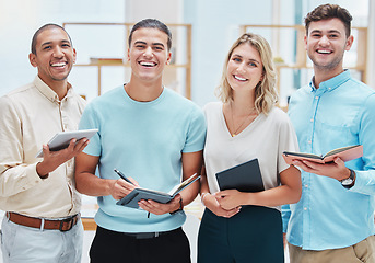 Image showing Motivation, diversity and a team of business people with tablet, notebook and smile. Motivated, young and happy interns at a startup, ready to take notes. Planning, success and teamwork in the office