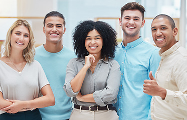 Image showing Creative business team smile at design company or global agency office in unity, diversity and solidarity. Happy group of business people, designer staff or startup success management people together