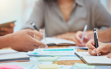 Image showing Collaboration, teamwork and documents of business people planning strategy in a meeting at the office. Hands of workers working on company growth development or marketing design in a boardroom