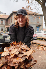 Image showing A stylish, modern young woman takes on the role of a garden caretaker, diligently collecting old, dry leaves and cleaning up the yard in an eco-conscious manner